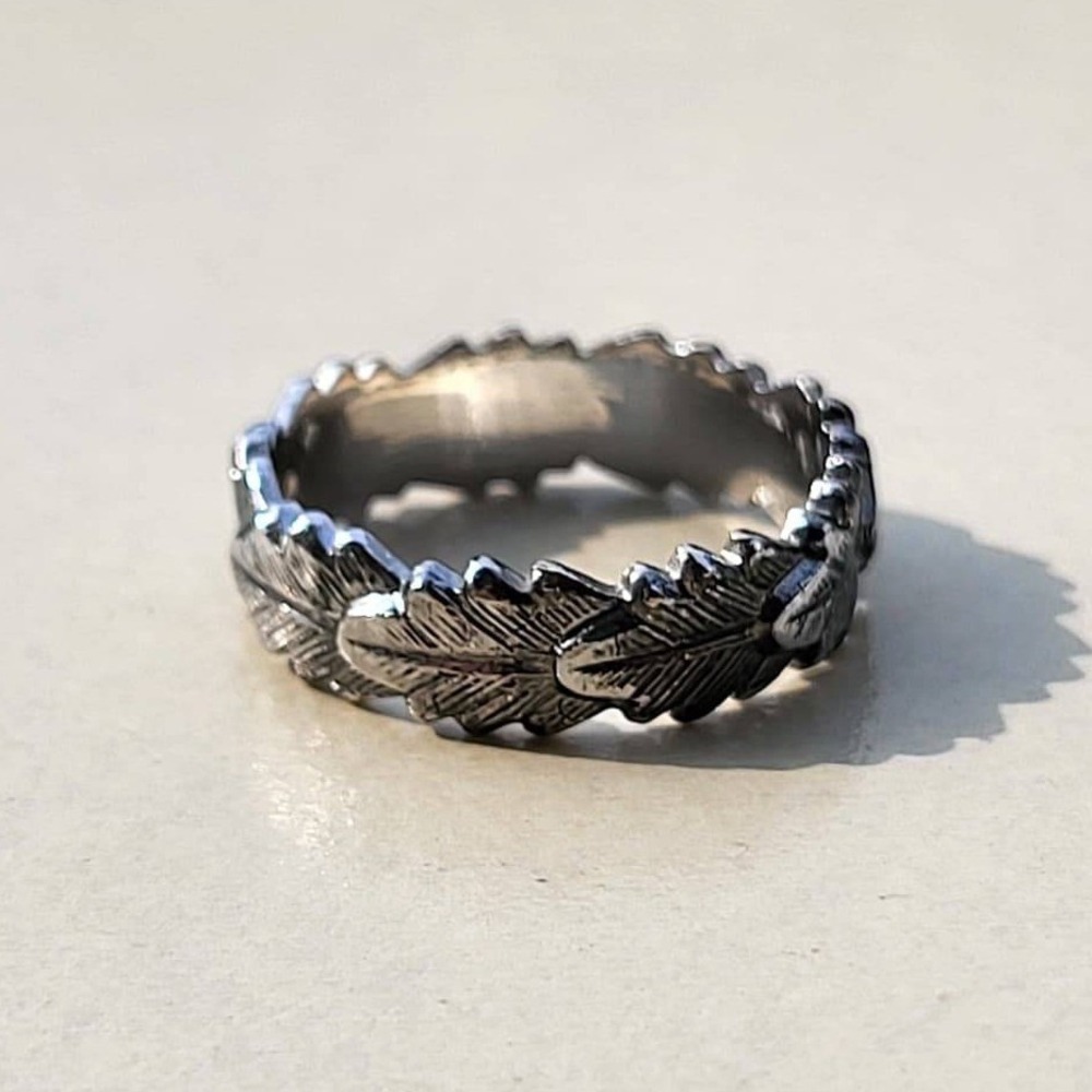 Vintage Silver Leaf Band Ring S 6.75 Textured Foliage Pattern